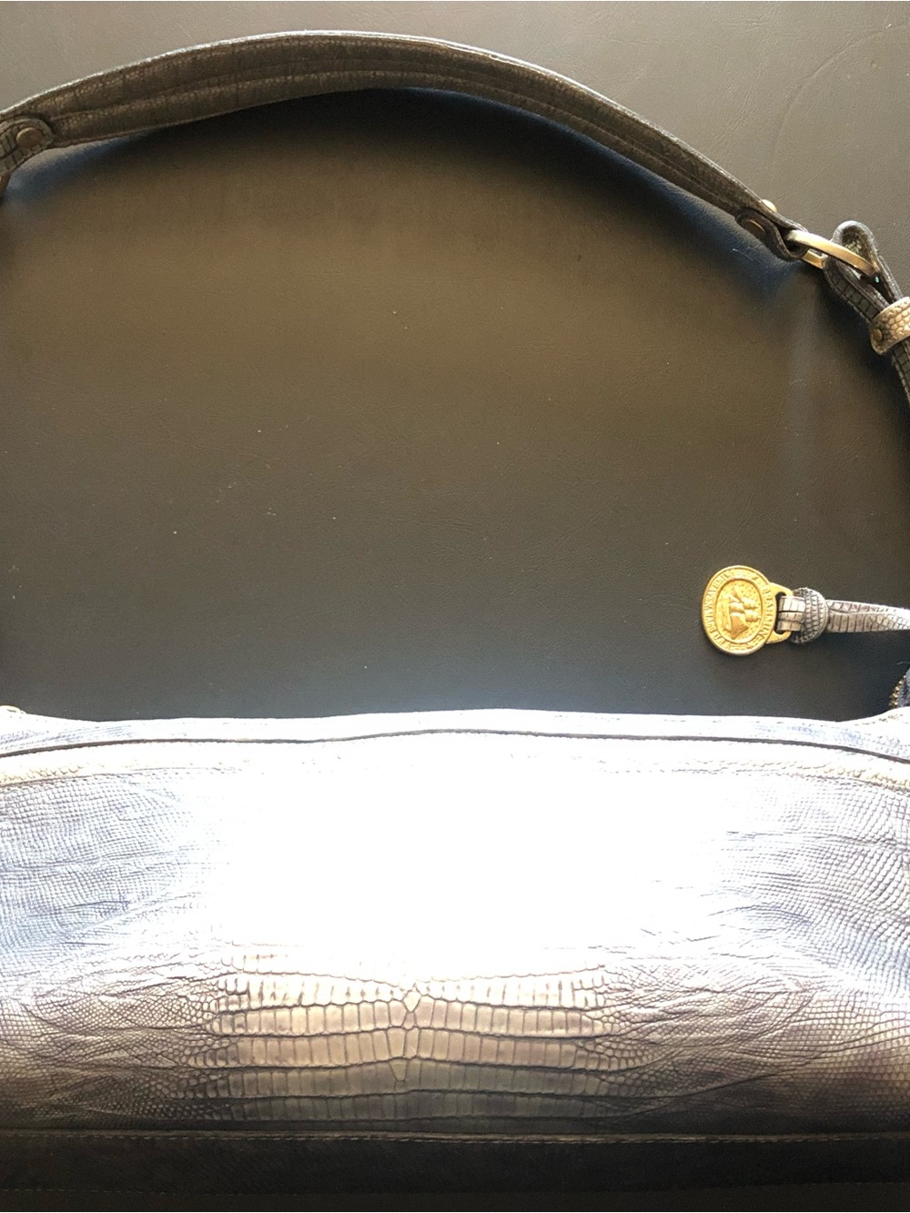 Vintage Brahmin Marcy Pewter Spotted Croc Print Leather Shoulder Bag Purse